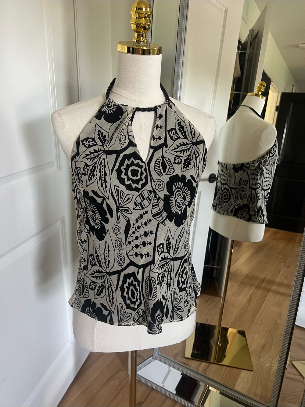 Ralph Lauren Black & Cream Silk Halter Floral Top